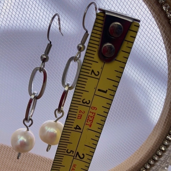 White Freshwater Cultured Pearl and Stainless Steel Paperclip Earrings - Picture 4 of 9
